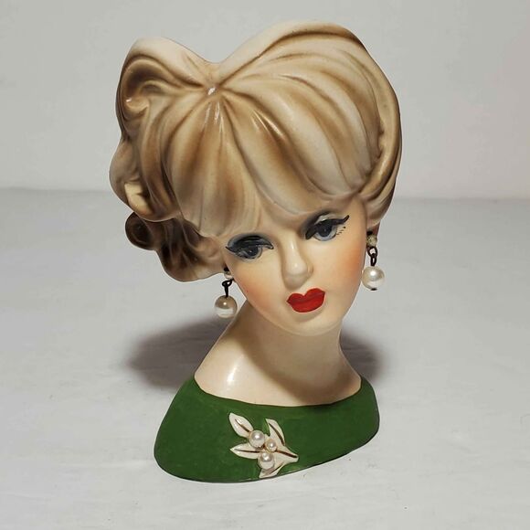 Napcoware Lady Head Vase Small 4.25" Green - Picture 1 of 10